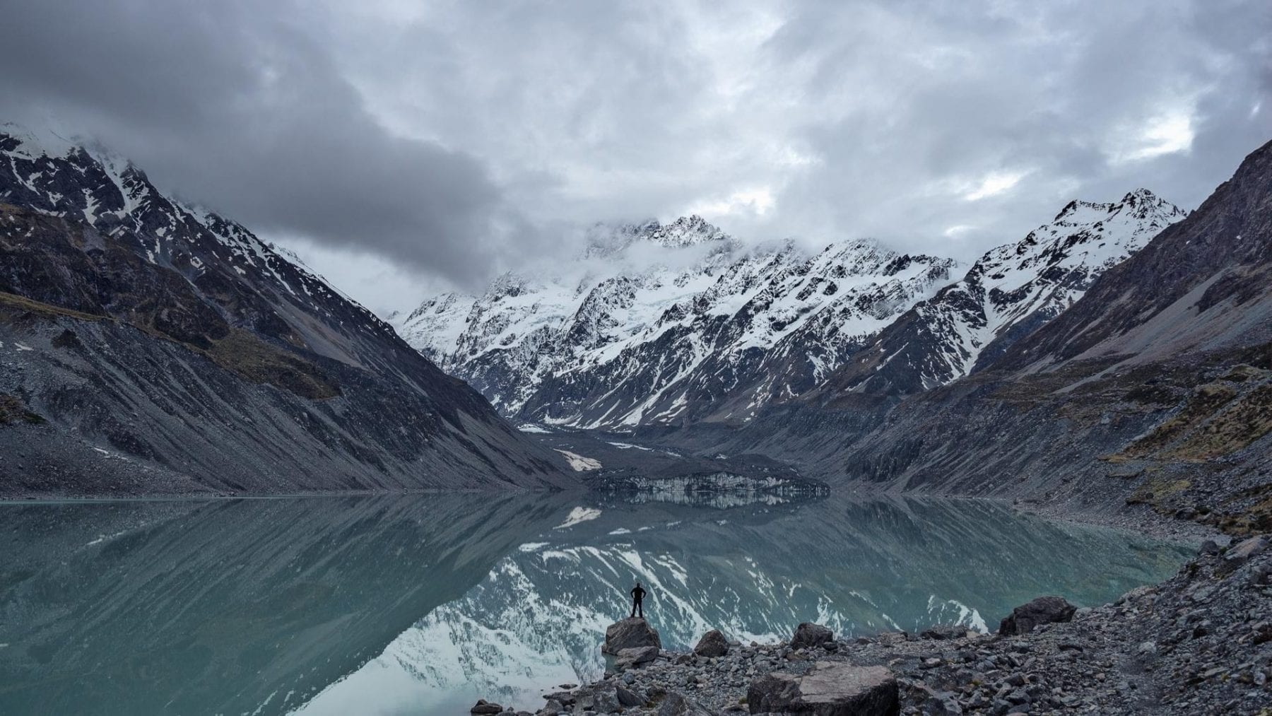 A beautiful lake beneath snow-capped mountains